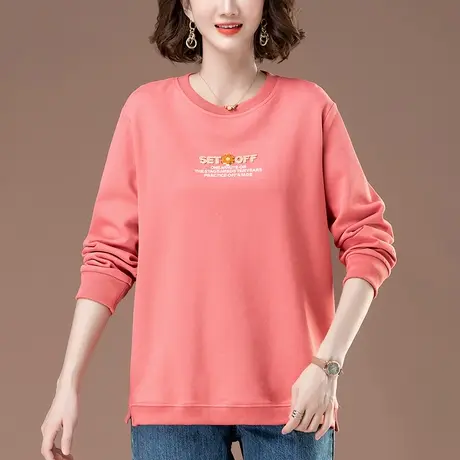 妈妈圆领卫衣女春秋薄款宽松加肥加大码女装中年休闲刺绣显瘦上衣商品大图