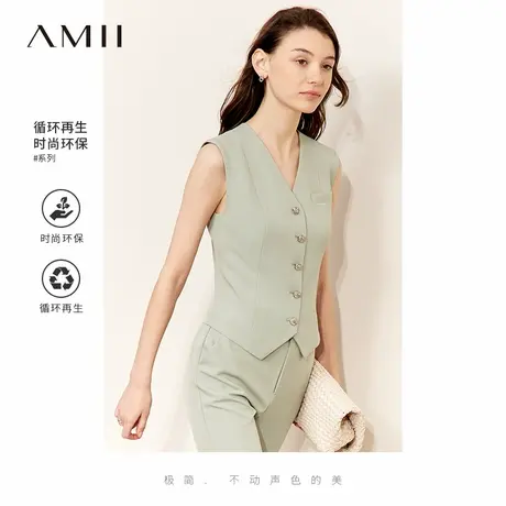 Amii2025夏新款通勤环保面料修身V领无袖几何衣摆设计马夹上衣女图片