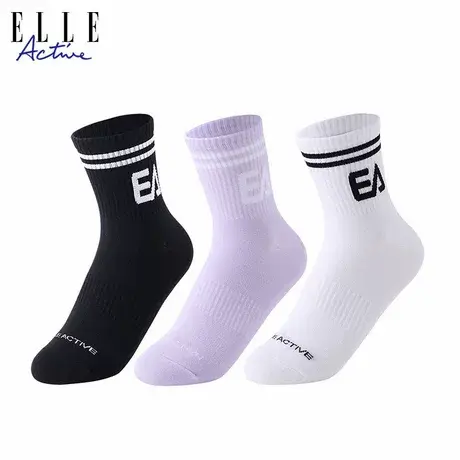 【花花推荐】ELLE Active字母条纹中筒袜女透气运动白袜子三双装商品大图