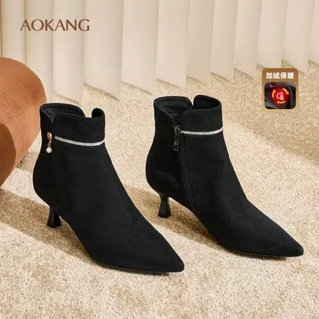 [叠加态保暖科技]奥康女鞋冬季新款细跟薄绒时尚百搭时装短靴商品大图