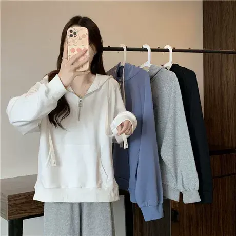 春秋装2025新款半拉链连帽卫衣女薄款韩版宽松休闲外套插肩袖上衣商品大图