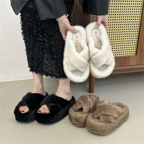 厚底毛毛拖鞋女外穿2025年新款增高小个子百搭棉拖鞋法式温柔鞋子商品大图