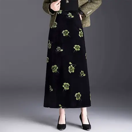 印花金丝绒半身裙女2025秋季新款高腰显瘦开叉a字裙气质包臀长裙商品大图