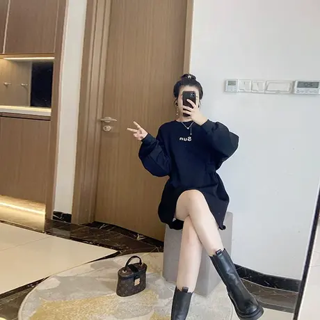 气质卫衣裙子中长款大码胖mm加绒加厚冬季连衣裙巨显瘦女装2024年商品大图