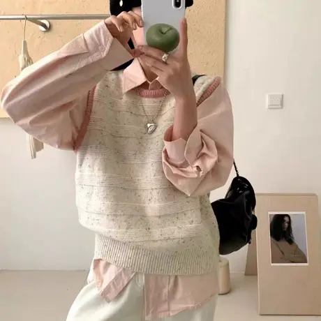 学院风针织马甲女秋季新款宽松撞色圆领叠穿无袖坎肩毛衣背心外穿商品大图