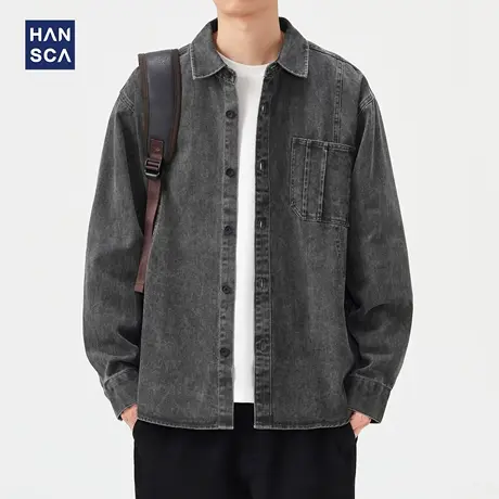 hansca黑色衬衫男高级感2025新款秋季长袖纯棉青少年休闲外套衬衣商品大图