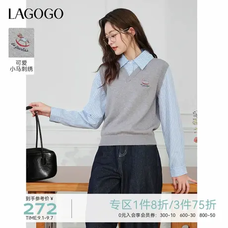 LAGOGO学院风假两件针织衫女拉谷谷2025秋季新款绣花条纹长袖上衣商品大图