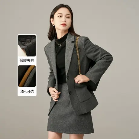 娅丽达通勤气质加厚仿毛呢西装外套女2025秋冬新款宽松夹棉小西服商品大图