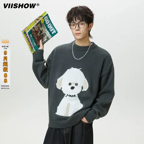 VIISHOW卡通小狗圆领毛衣男秋季美式潮牌慵懒宽松休闲针织衫外套商品大图