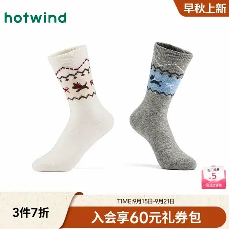 热风女士袜子保暖加厚中筒袜2025年冬季新款文艺费尔岛小狗高帮袜商品大图