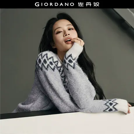 【韩国同款】佐丹奴费尔岛毛衣女复古提花宽松圆领针织衫05355721商品大图