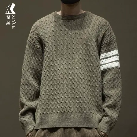 日系北极绒套头毛衣男宽松大码800g重磅提花针织衫男内搭上衣秋款商品大图