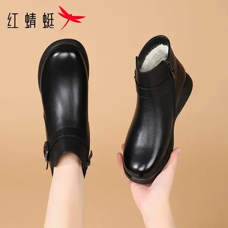 红蜻蜓冬季女鞋靴子女平底短靴真皮加绒加厚高帮妈妈棉靴皮鞋牛皮图片