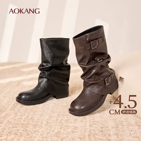 奥康 女鞋2025冬季辣妹裤管靴增高扣带中筒西部堆堆靴女门店发货图片