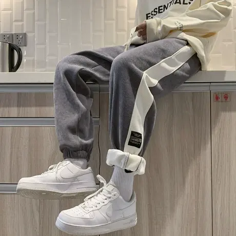 束脚运动卫裤男秋季港风潮牌复古潮流拼色宽松休闲贴标灯芯绒裤子商品大图