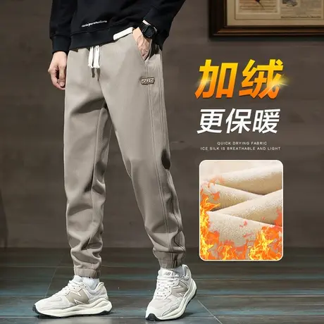 秋冬款卡其色加绒加厚束脚保暖外穿卫裤冬季2023新款男士休闲裤子商品大图
