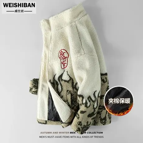 美式潮牌羊羔毛保暖外套情侣高街设计感立领棉衣加绒加厚宽松棉袄商品大图