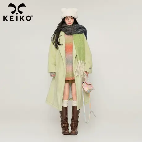 KEIKO [夹棉]细绒羊羔毛呢大衣女绗棉加厚秋冬气质果绿色环保皮草商品大图
