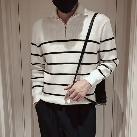 立领半拉链毛衣男秋冬撞色条纹小众设计轻熟风休闲穿搭针织衫体恤商品大图