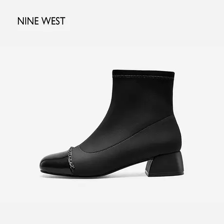 Nine West/玖熙皮革拼接加绒瘦瘦靴2023年冬季新款链条贵气短靴女图片