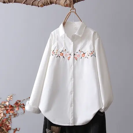 纯棉白色衬衫女款刺绣花宽松长袖春季田园风遮肉减龄上衣翻领衬衣图片
