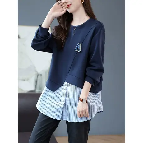 宝诗黎圆领条纹拼接假两件棉质宽松卫衣落肩长袖上衣2023秋季新款商品大图