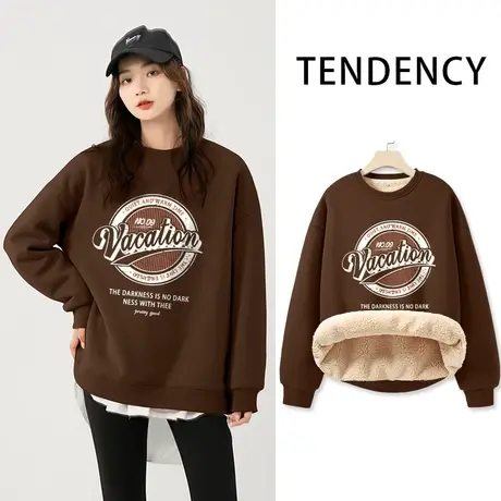 ZR真维斯卫衣女2023新款秋冬加绒加厚羊羔绒圆领美式复古上衣外套图片