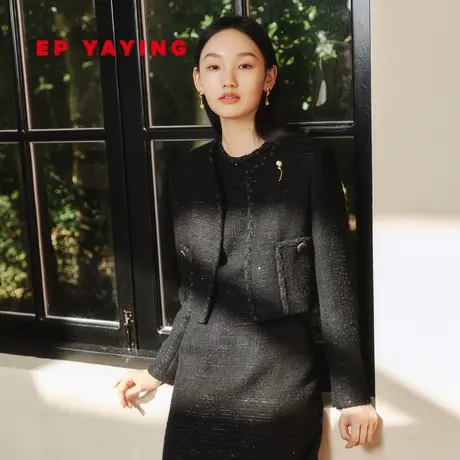 EP YAYING雅莹女装 黑色短款小香风花呢外套 秋冬商场同款1230A图片