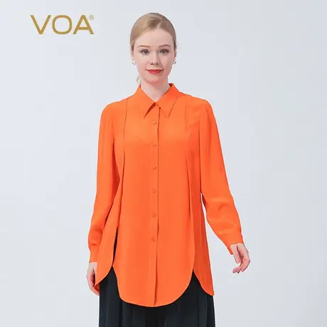 VOA100%真丝30姆米重磅橙色娃娃领长袖单排扣做旧工艺桑蚕丝衬衫图片