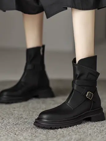 磨砂皮复古西部牛仔靴女2023年秋冬季新款英伦风短筒切尔西马丁靴商品大图