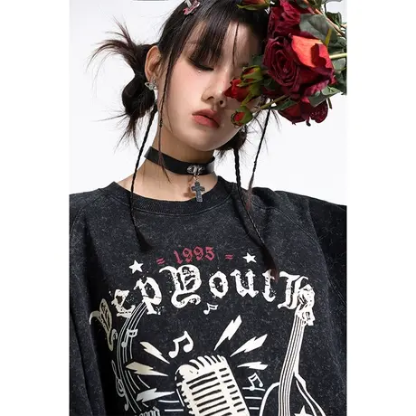 yep朋克摇滚复古卫衣女春秋外套水洗做旧圆领酷潮古着黑色休闲商品大图