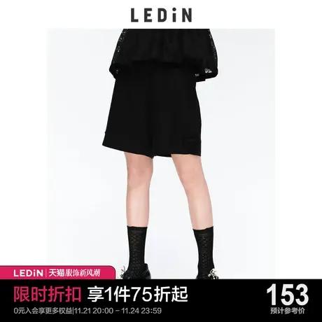 乐町黑色休闲裤女直筒宽松高局蝴蝶结短裤C1GCC2102商品大图