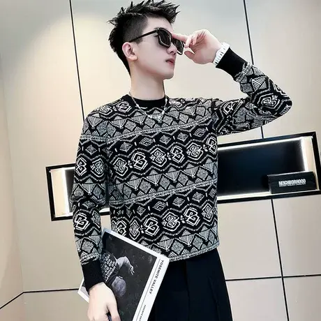 毛衣男2023秋冬新款花色几何印花套头针织衫上衣ins青年打底线衣商品大图
