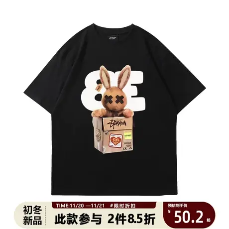 oversize兔子印花短袖t恤男女宽松情侣休闲潮流圆领五分袖bf风商品大图