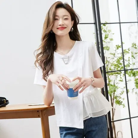 时尚气质短袖T恤2023年夏季新款淑女不规则圆领宽松显瘦通勤上衣图片