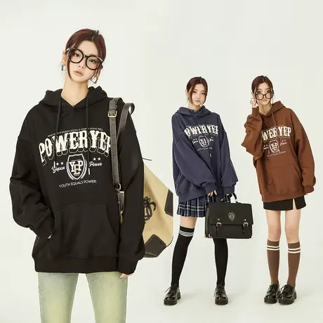 YEP发泡印花黑色连帽卫衣女春秋设计感小众美式oversize宽松外套图片