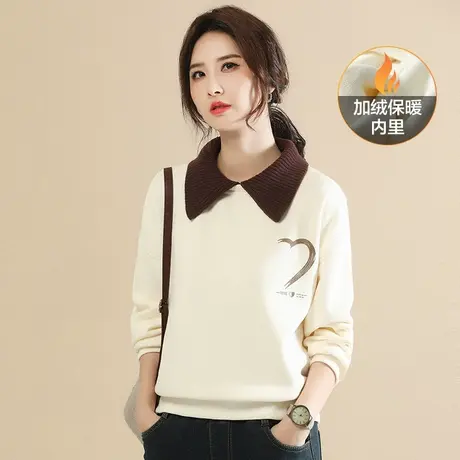 韩潮袭人娃娃领假两件印花加绒卫衣女2023冬季新款撞色休闲上衣图片