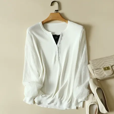 清仓!春装2024年新款雪纺袖冰丝针织假两件套宽松大码上衣衫女商品大图