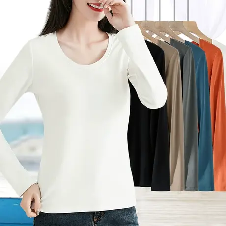 2024年春秋季白色百搭长袖打底衫女内搭圆领修身t恤简约纯色上衣商品大图