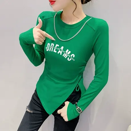 不规则下摆打底衫女长袖洋气辣妹网红T恤秋装设计感项链开叉上衣商品大图