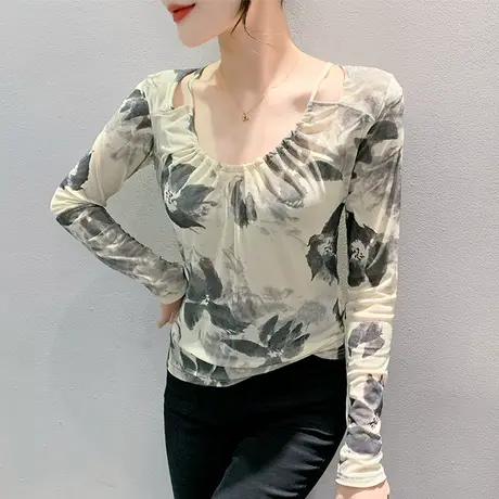 性感网纱T恤女长袖时尚抽绳褶皱拼接V领上衣洋气修身减龄打底衫秋商品大图