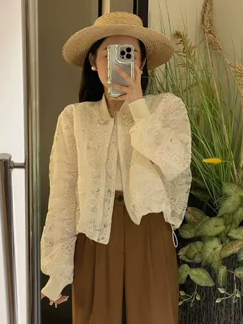 重工镂空蕾丝拼接外套女欧洲站2023年春夏新款休闲法式防晒上衣潮商品大图