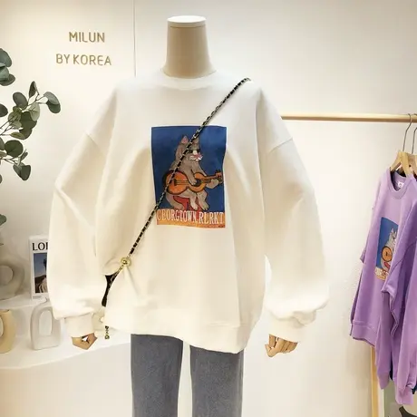 2021秋季新款韩国东大门ins油画风印花字母刺绣卫衣宽松大码显瘦图片