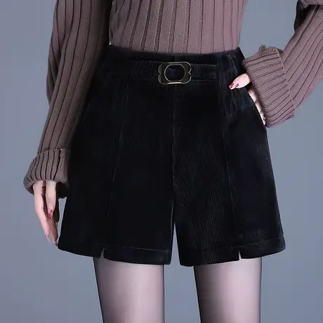 黑色条绒短裤女秋冬2023新款高腰宽松a字阔腿裤时尚百搭休闲靴裤商品大图