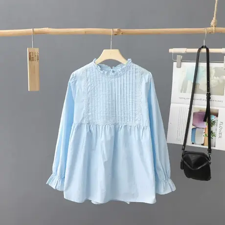 花边圆领套头纯色宽松衬衫女长袖2024秋装新款小众娃娃衫压褶上衣图片