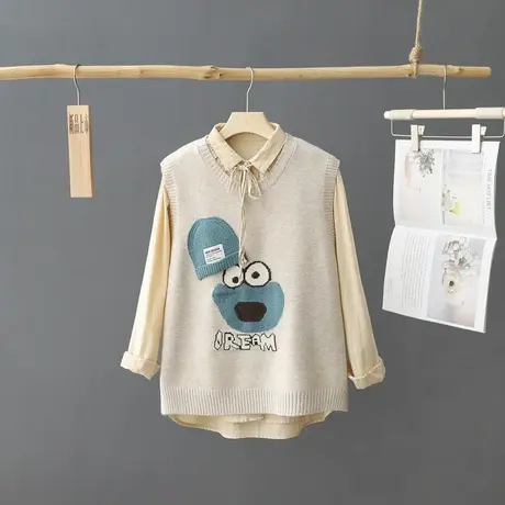 2024年春季新款圆领提花套头针织马甲女宽松背心百搭无袖毛衣坎肩图片