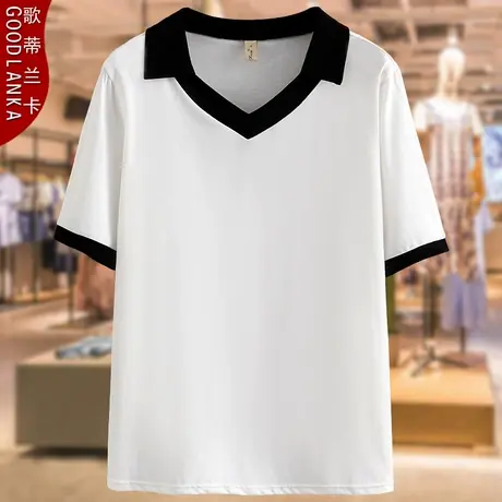 中年妈妈夏装纯棉t恤女大码宽松时尚减龄百搭V领撞色短袖T恤上衣商品大图