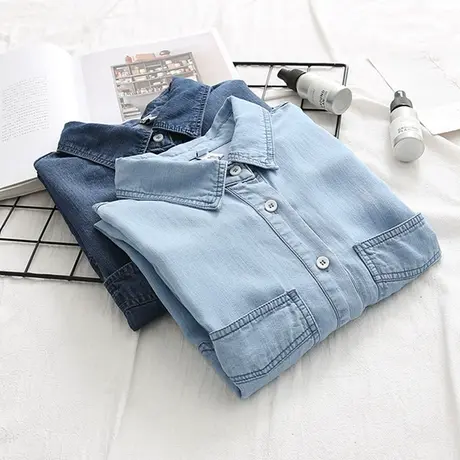 牛仔衬衫女春秋内搭设计感小众长袖打底衬衣外套复古港味叠穿上衣商品大图