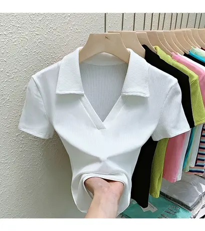 黑色v领短袖t恤女polo衫2023春夏季新款修身显瘦翻领紧身上衣潮图片