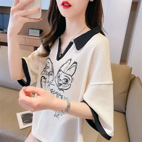 小众设计感短袖t恤女2023新款夏季韩版宽松撞色polo领半袖上衣服图片